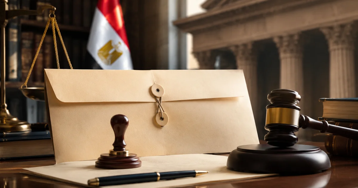 مظروف إنذار رسمي ومستندات قانونية بجوار مطرقة محكمة ترمز إلى إجراءات الإنذار الرسمي والدعوى القضائية.