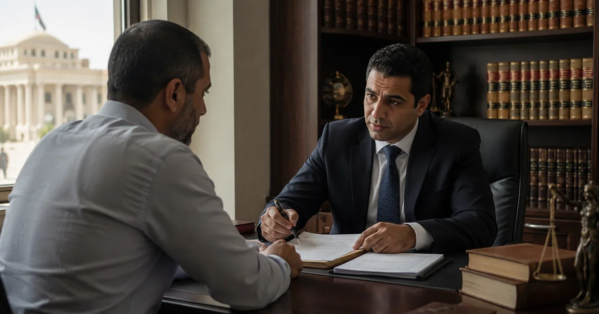 محامي قضايا مدنية يراجع مستندات مع موكل قبل اتخاذ قرار بشأن الإنذار الرسمي والدعوى القضائية.