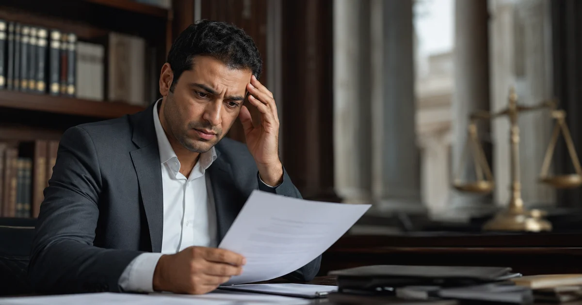 رجل قلق يراجع أوراق قانونية داخل مكتب محاماة ضمن موضوع التعويض عن البلاغ الكاذب.