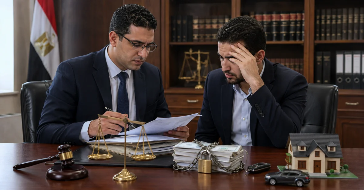 استشارة قانونية حول الحجز التحفظي على أموال المدين مع محامٍ يفحص الأوراق والمستندات المالية أمام عميل داخل مكتب محاماة.