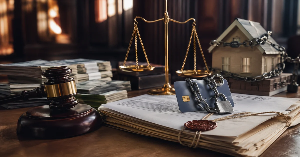 رموز قانونية ومالية توضح الحجز التحفظي على أموال المدين تشمل مطرقة المحكمة وميزان العدالة وأموالًا ومستندات مقيدة بسلسلة وقفل لحماية حق الدائن.