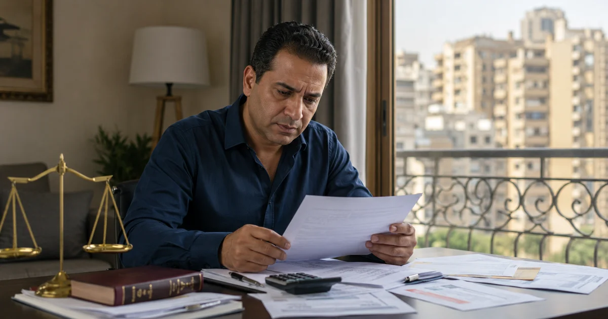 رجل يجلس أمام مستندات عقد الإيجار وحسابات مالية داخل مكتب، في مشهد يعبر عن قلق المالك عند تأخر المستأجر في سداد الإيجار والحاجة إلى مراجعة قانونية دقيقة.