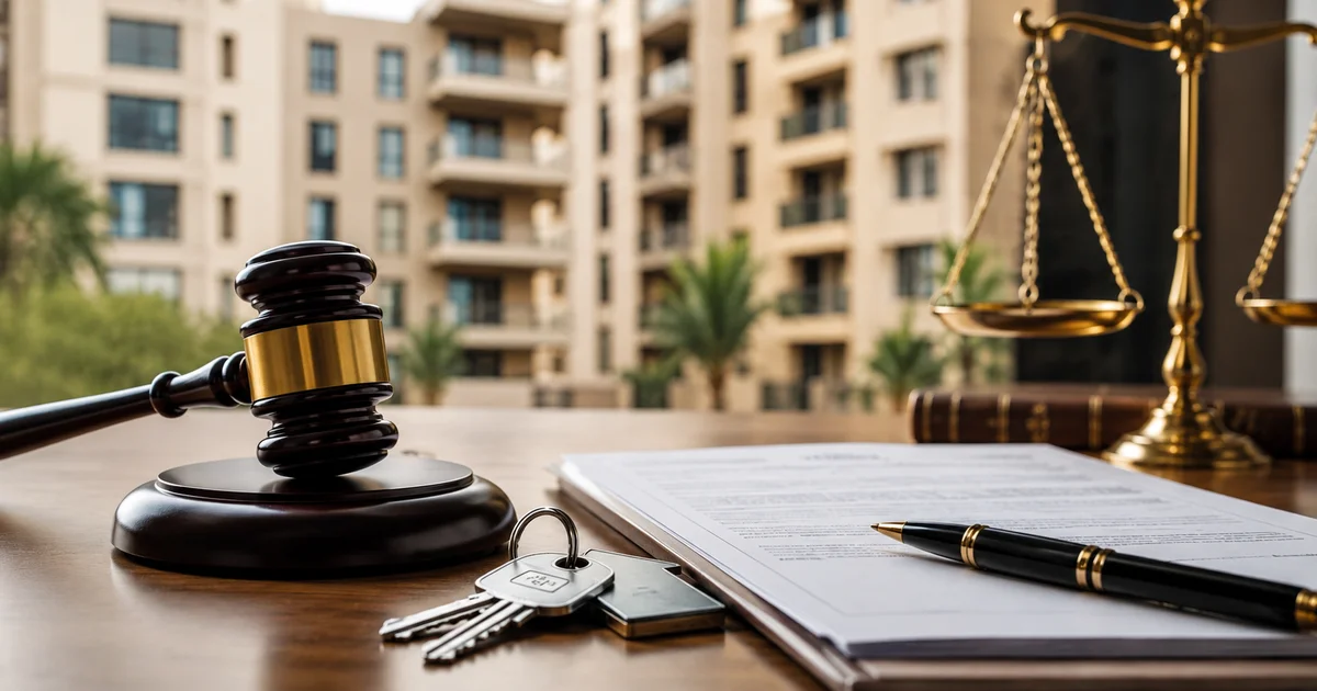 مشهد قانوني يحتوي على مفاتيح شقة وعقد إيجار ومطرقة عدالة، ويعبر عن النزاعات القانونية المتعلقة بتأخر المستأجر في سداد الإيجار وحقوق المالك.