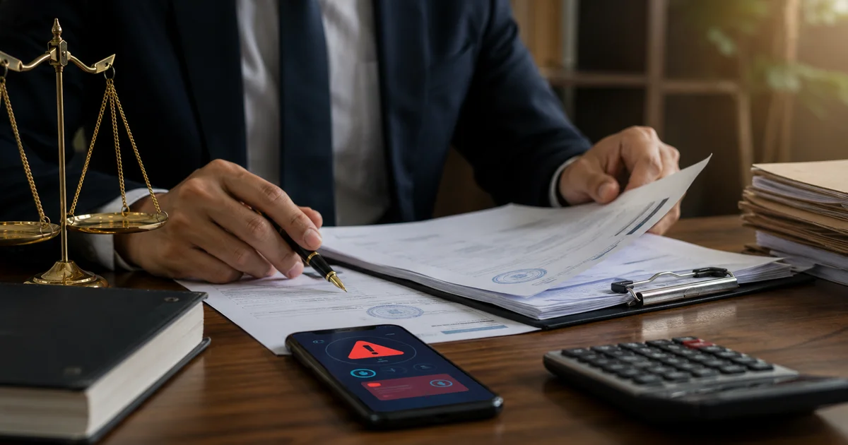محامٍ ينظم مستندات وأدلة مالية لاستخدامها في دعوى تعويض عن النصب.