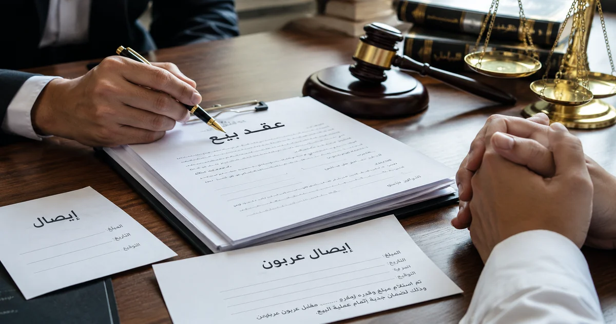 استشارة قانونية بين محامٍ وعميل حول رد العربون أو مضاعفته بعد الخلاف على تنفيذ عقد بيع مدني.