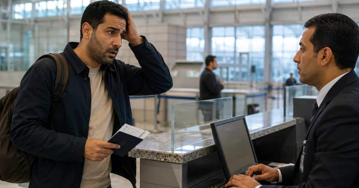 مسافر مصري يقف أمام موظف في المطار وهو يحمل جواز السفر بعد ظهور مشكلة قانونية متعلقة بالمنع من السفر.