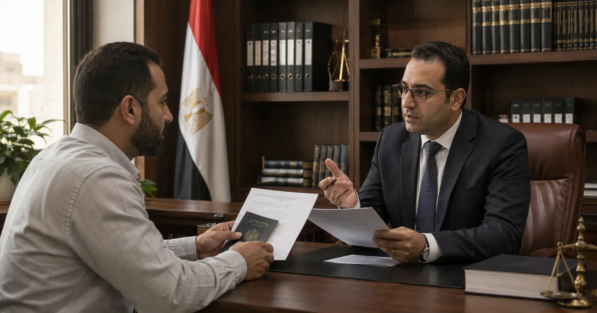 محامي مصري يشرح للعميل إجراءات رفع الاسم من المنع من السفر أثناء مراجعة جواز السفر والمستندات القانونية داخل المكتب.