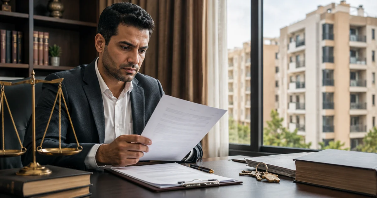 محامٍ يراجع عقد شراء شقة بعقد ابتدائي داخل مكتب قانوني مع مفاتيح ومستندات عقارية