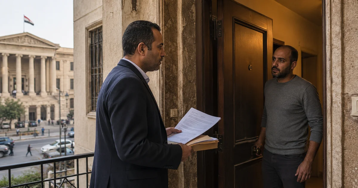 شخص يحمل مستندات قانونية أمام باب شقة لمخاطبة شاغل العقار بدون عقد ضمن نزاع إيجاري في مصر.