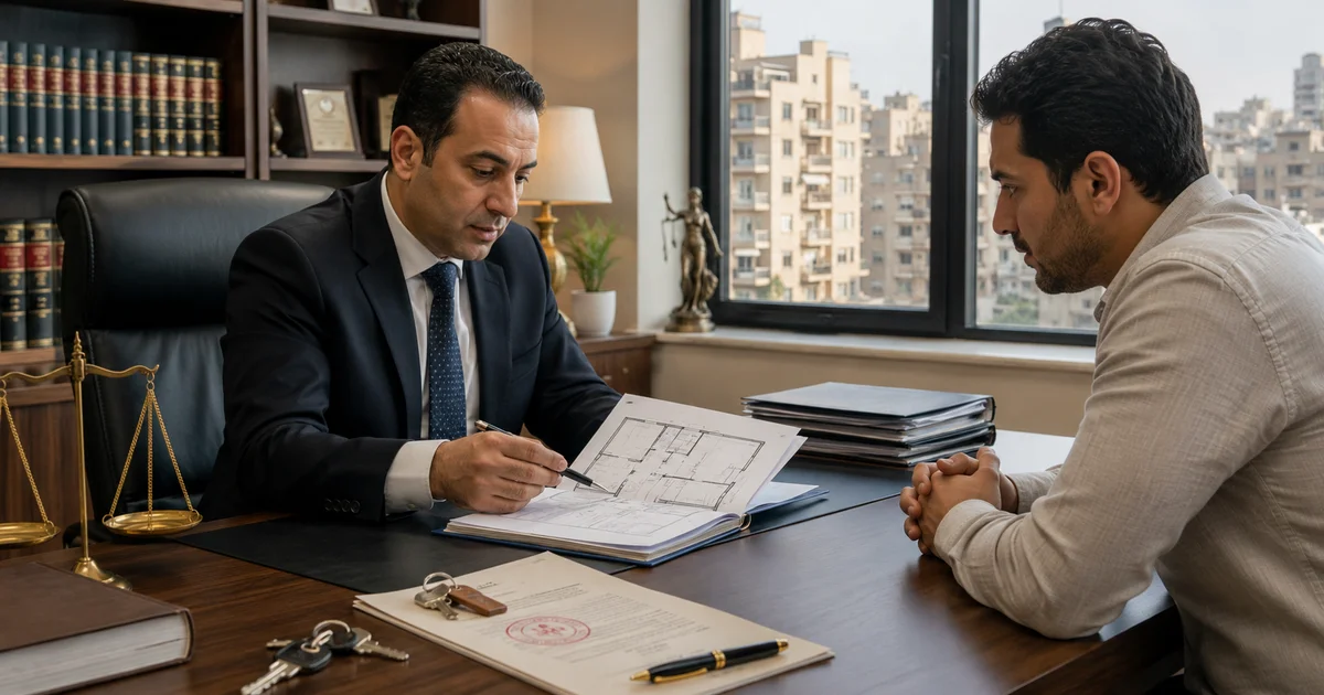 محامٍ يراجع مستندات ملكية وعقد عقار مع مالك يبحث عن إجراءات طرد شاغل العقار بدون عقد.
