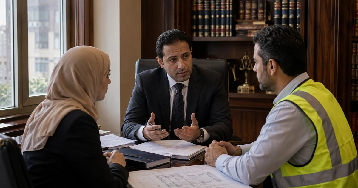 محامي يشرح إجراءات فسخ عقد المقاولة لطرفي النزاع داخل مكتب قانوني وبجانبه مستندات ومخططات تنفيذ.