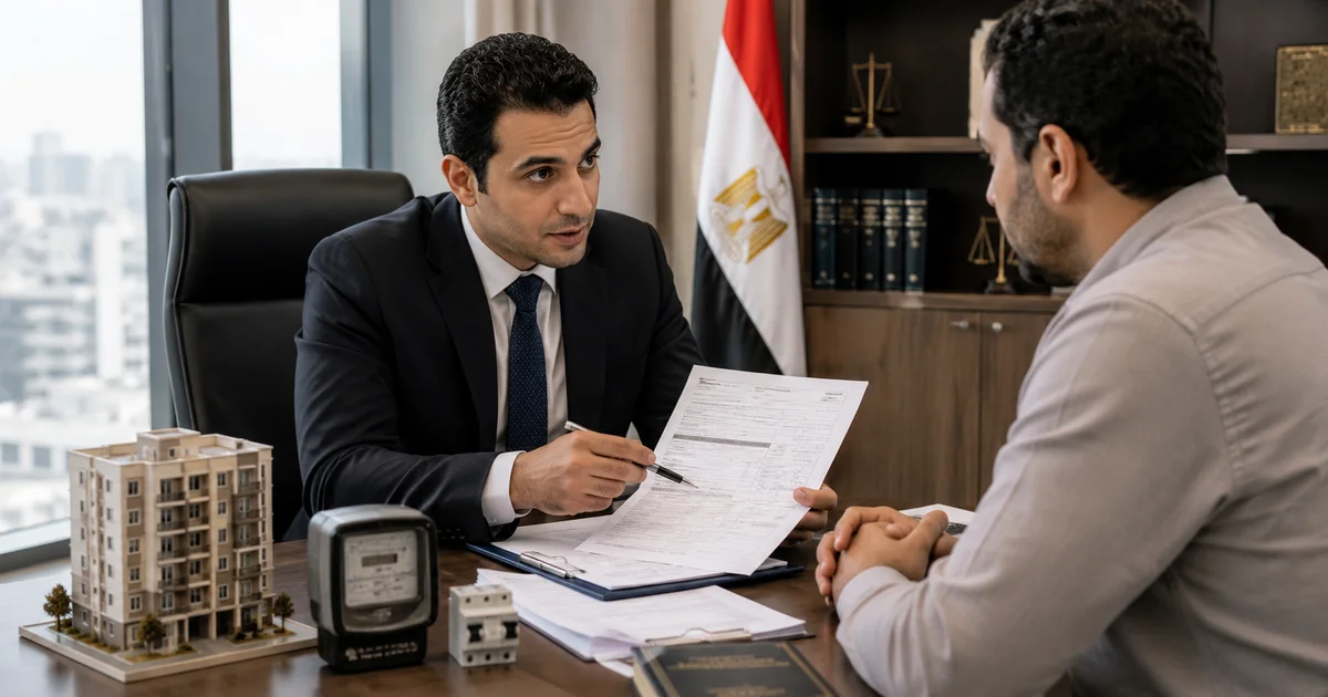 محامي إيجارات يراجع عقد الإيجار وفاتورة الكهرباء مع مستأجر لشرح الإجراءات القانونية عند قطع الكهرباء عن المستأجر.