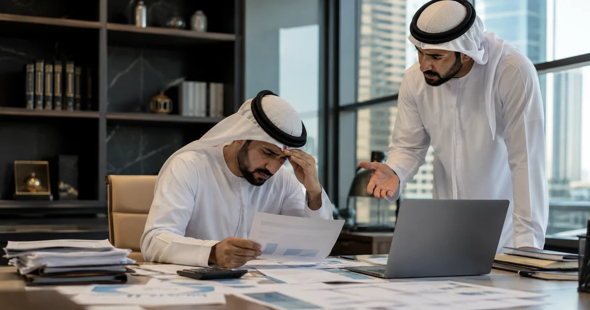 شريكان يناقشان مستندات مالية داخل مكتب بعد اكتشاف تصرفات غير واضحة في أموال الشركة.