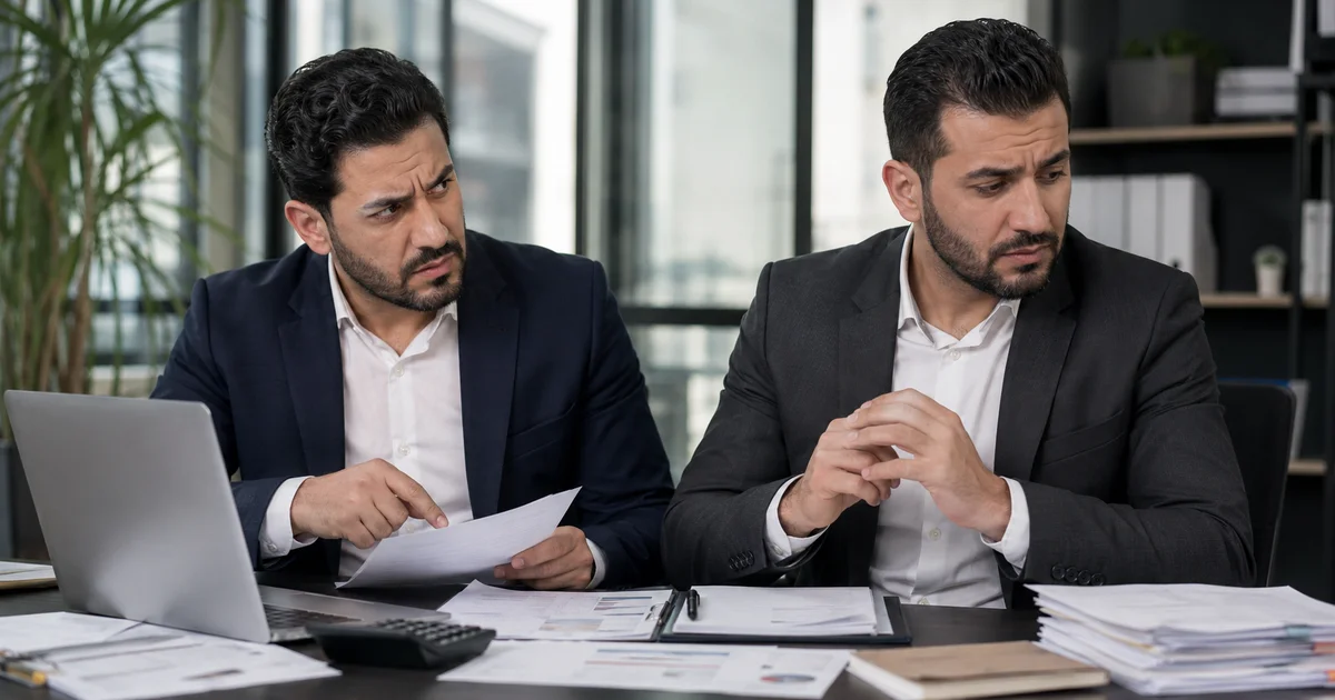 رجلان في اجتماع عمل يراجعان أوراق الحسابات بسبب خلاف مالي بين الشركاء في الشركة.