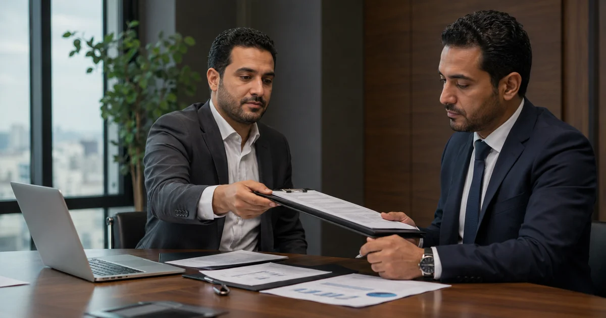 شريكان في شركة ذات مسؤولية محدودة يراجعان أوراق التخارج ونقل الحصة داخل اجتماع رسمي.
