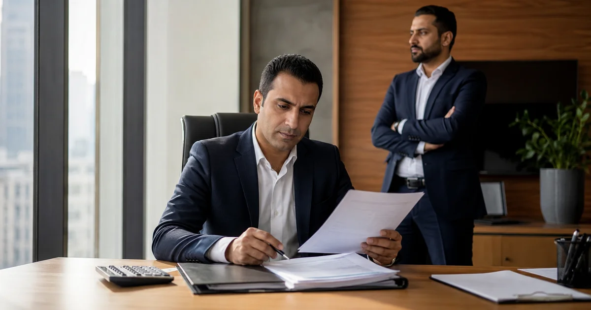 رجل أعمال يراجع مستندات خروج شريك من شركة ذات مسؤولية محدودة قبل توقيع اتفاق التخارج.