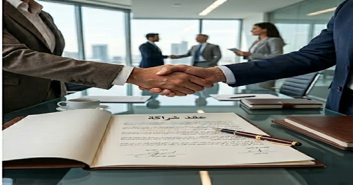 عقد شراكة بين طرفين مع رجلين يتصافحان بعد الاتفاق في إشارة إلى إتمام التعاقد والتفاهم على بنود الشراكة