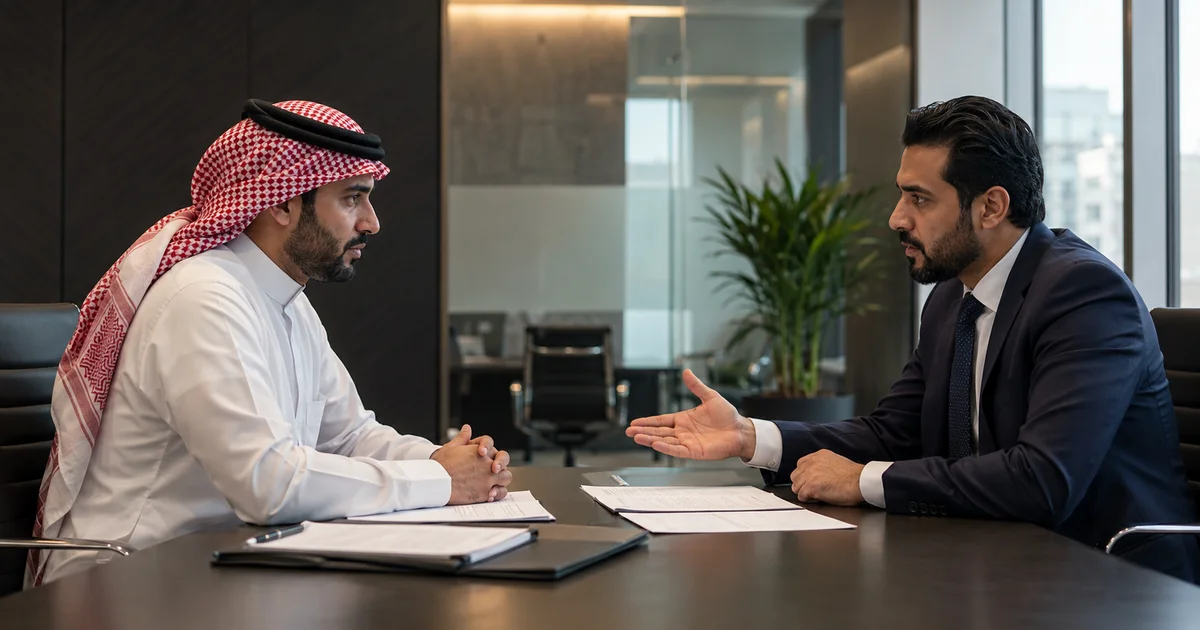 اجتماع بين رجل أعمال ووكيل تجاري داخل مكتب حديث لمناقشة فسخ عقد وكالة تجارية وتسوية الالتزامات القانونية.