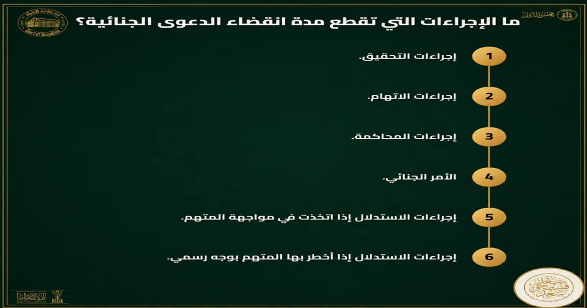 الإجراءات التي تقطع مدة انقضاء الدعوى الجنائية في القانون المصري، وتشمل التحقيق والاتهام والمحاكمة والأمر الجنائي وإجراءات الاستدلال.