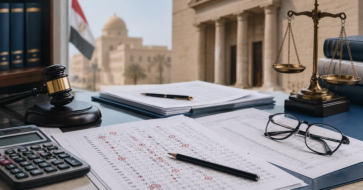 رفع دعوي بسبب خطأ في تصحيح الامتحان مع ورقة إجابة وميزان العدالة ومطرقة القضاء.