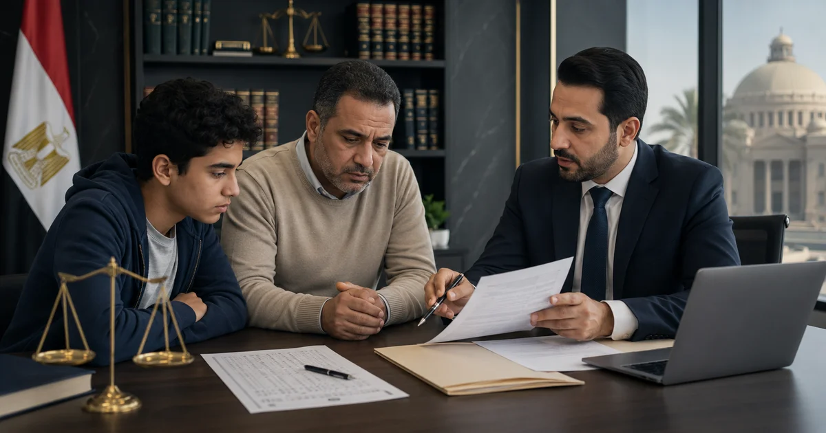 طالب وولي أمره يراجعان أوراق الامتحان مع محامي مجلس الدولة بسبب خطأ في التصحيح.