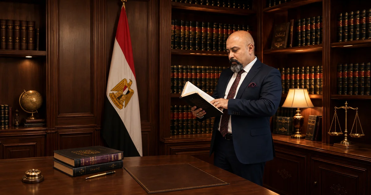الأستاذ سعد فتحي سعد يطالع مرجعًا قانونيًا داخل مكتبه وبجواره علم مصر وميزان العدالة.