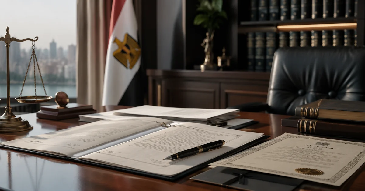 مستندات قانونية وعقد شركة تضامن على مكتب محاماة بجوار ميزان العدالة والعلم المصري، تمهيدًا لتعديل العقد بعد وفاة أحد الشركاء.