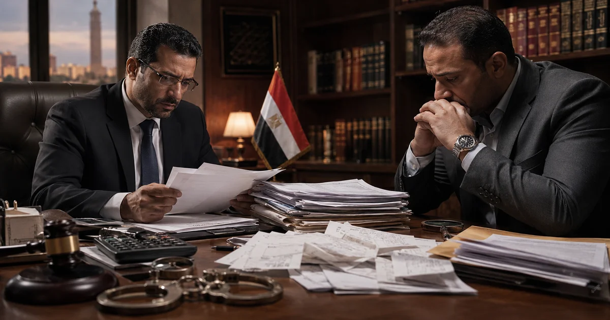 مراجعة محامٍ لمستندات قضية تهرب ضريبي مع صاحب شركة داخل مكتب قانوني في مصر