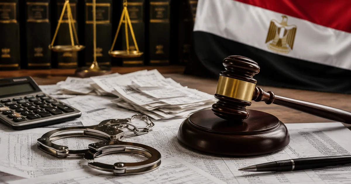 مطرقة قاضٍ وقيود ومستندات ضريبية أمام علم مصر في قضية تهرب ضريبي