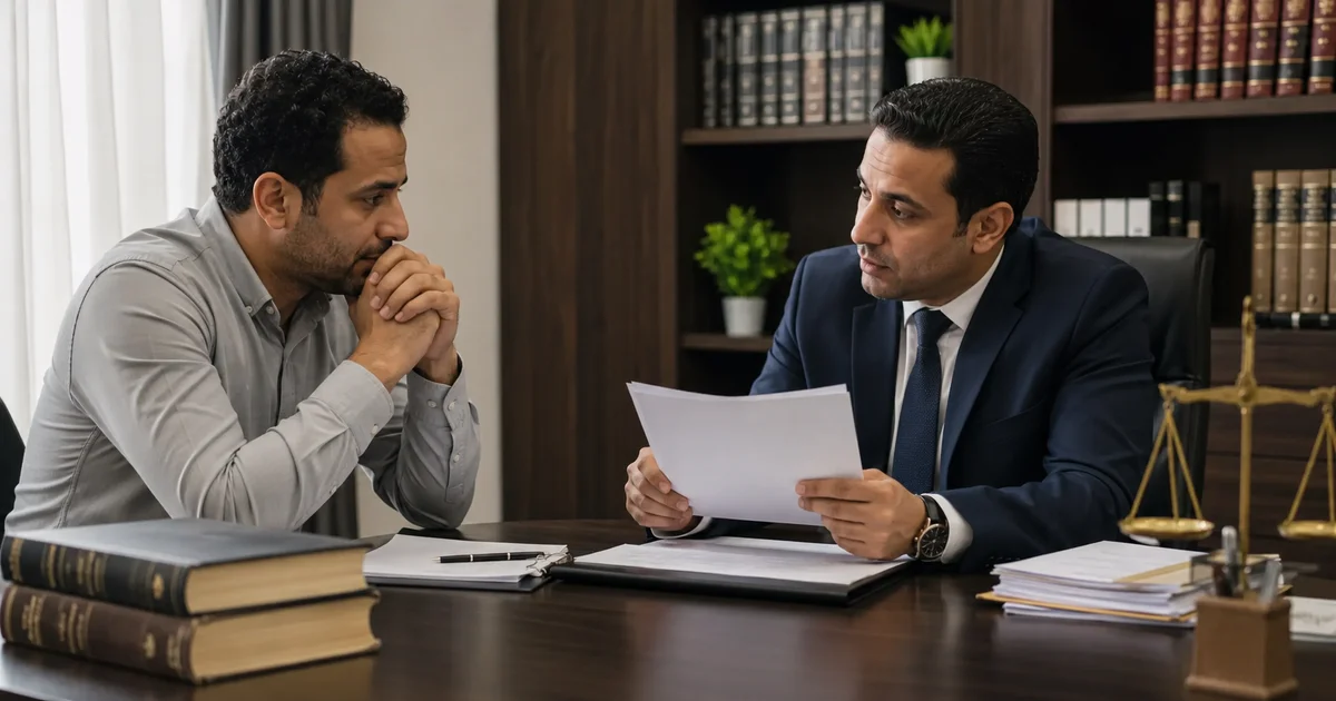 محامٍ يراجع مستندات فصل العامل تعسفيا ويوضح للعامل حقوقه القانونية