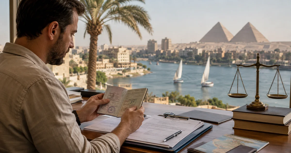 أجنبي يراجع جواز السفر ومستندات تجديد الإقامة السياحية في مصر 