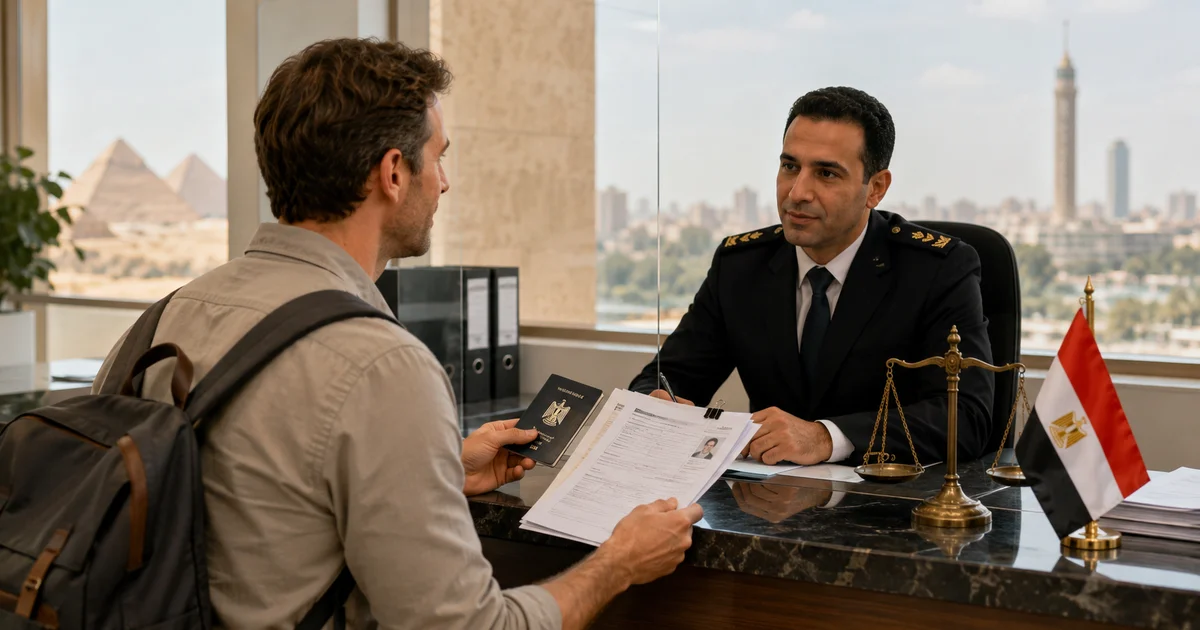 أجنبي يقدم جواز السفر ومستندات طلب الإقامة السياحية في مصر أمام جهة مختصة