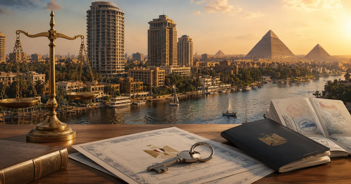 تملك العقار والإقامة في مصر مع جواز سفر ومفتاح عقار وميزان العدالة ومعالم مصر