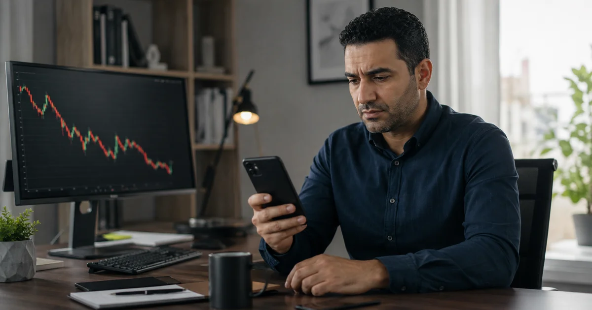 مستثمر يراجع توصيات وهمية للأسهم عبر الهاتف أمام شاشة تداول