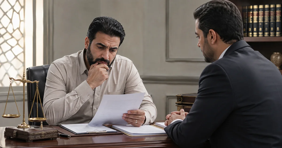 زوج يراجع مع محامٍ دفوعه ومستندات دعوى الخلع أمام محكمة الأسرة