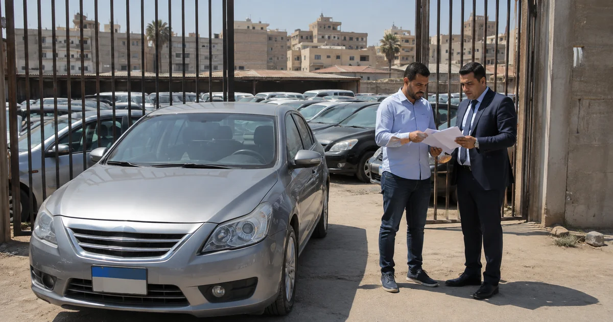 سيارة داخل ساحة حجز السيارات مع مراجعة مستندات الإفراج عنها
