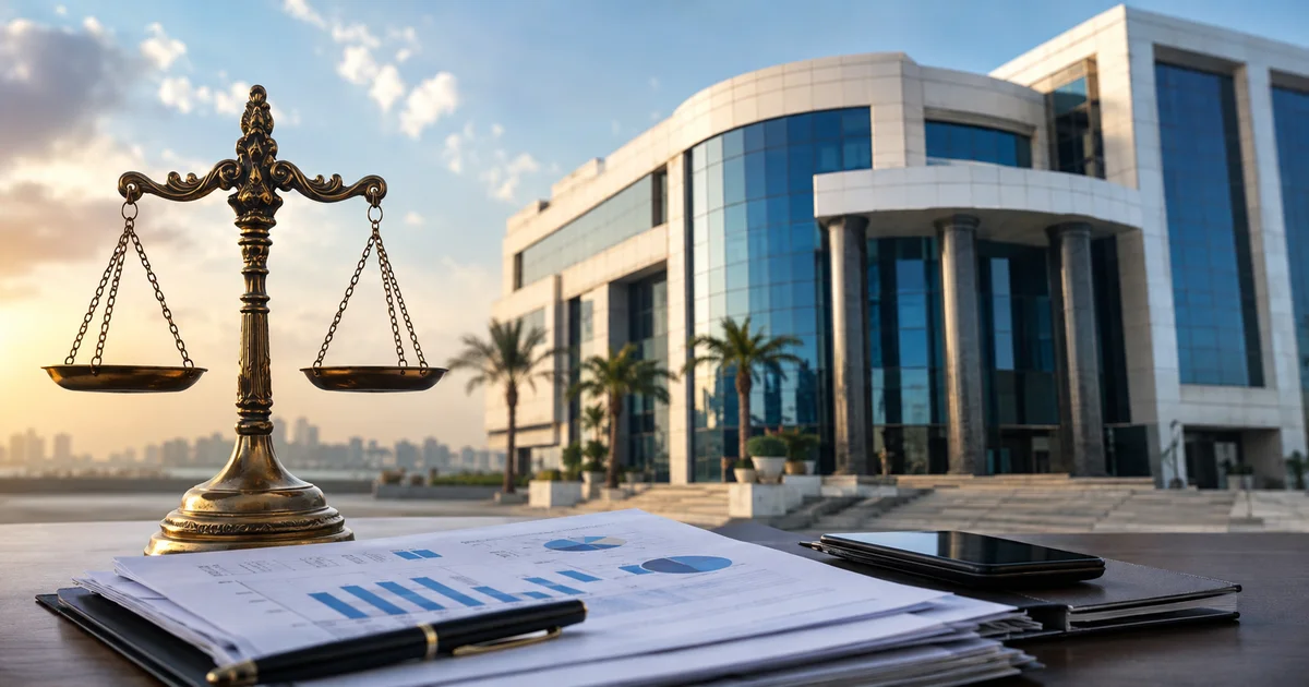 ميزان العدالة أمام مبنى إداري حديث مع مستندات مالية ترمز إلى رقابة الهيئة العامة للرقابة المالية على الأنشطة المالية غير المصرفية.