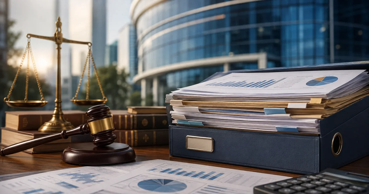 ملفات ومستندات مالية مع ميزان العدالة ومطرقة القاضي ترمز إلى تقديم شكوى للهيئة العامة للرقابة المالية.