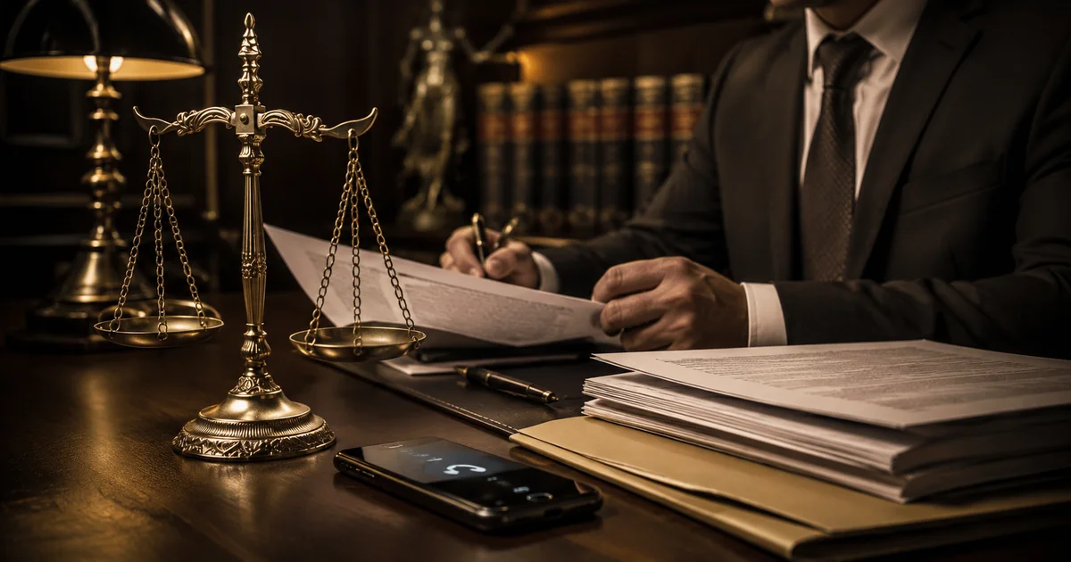 محامٍ يراجع أوراق قضية بجوار ميزان العدالة استعدادًا للتحقيق أمام النيابة.
