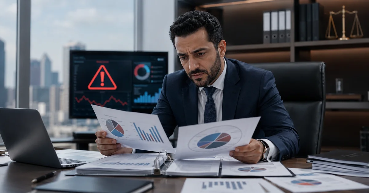 مدير استثمار يراجع تقارير أداء الصندوق والتنبيهات المالية المرتبطة بتجاوز السياسة الاستثمارية.