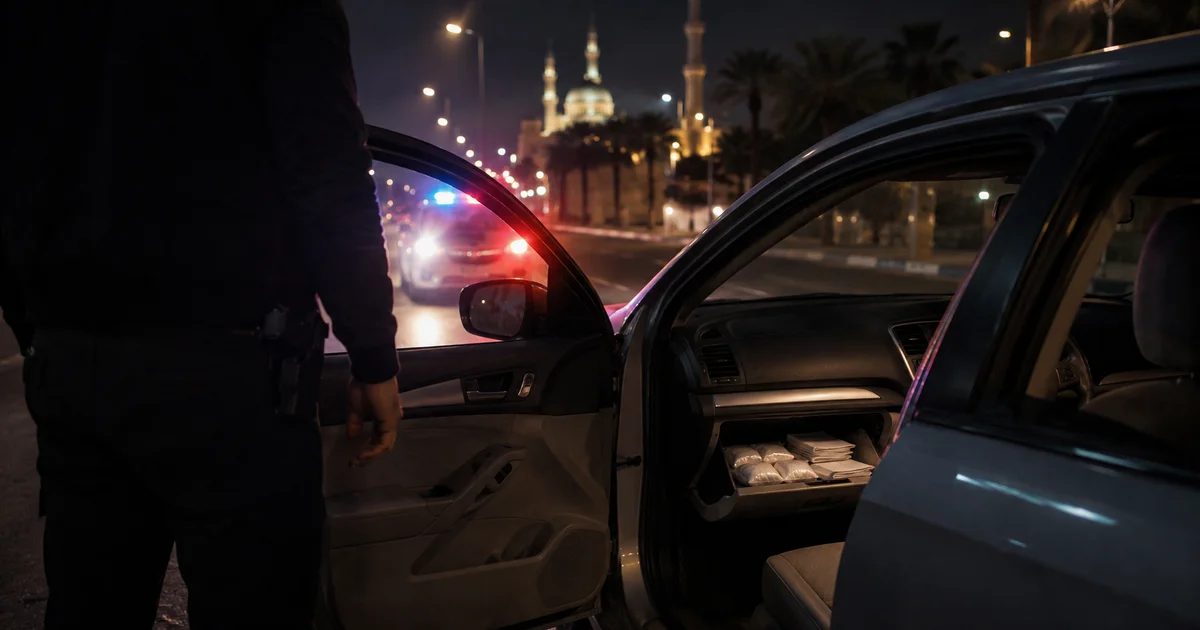 تفتيش سيارة ليلًا مع العثور على مواد يشتبه في كونها مخدرة داخل المركبة
