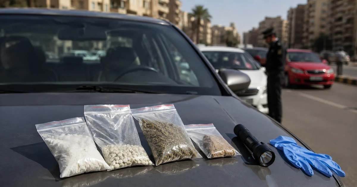 مواد مخدرة مضبوطة أمام سيارة أثناء فحص أمني في أحد شوارع مصر