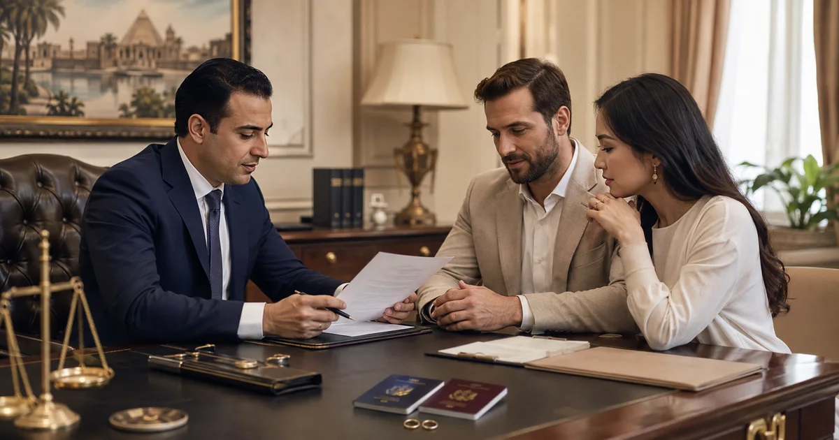محامي زواج أجانب يراجع الأوراق والإجراءات مع زوجين قبل توثيق الزواج في مصر