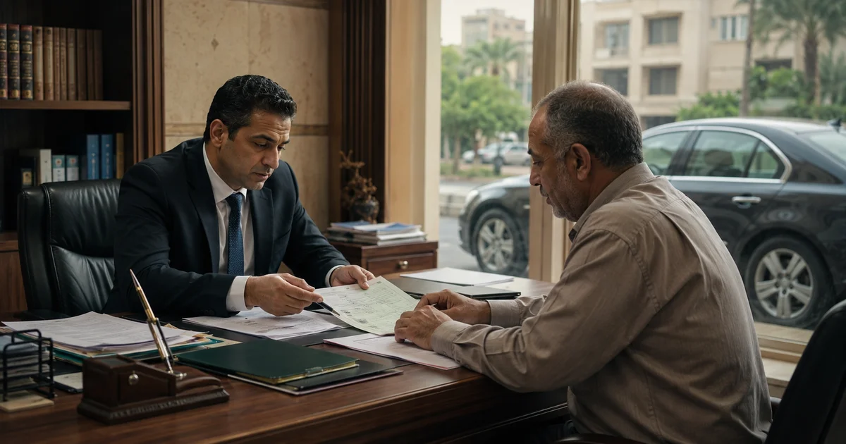 محام يراجع مستندات سيارة متوفى مع أحد الورثة قبل استكمال إجراءات نقل الملكية
