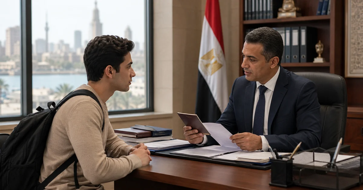 طالب أجنبي يراجع جواز السفر والمستندات مع موظف ضمن إجراءات الإقامة الدراسية في مصر