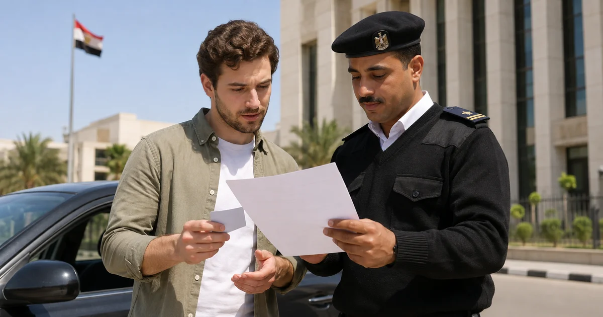 أجنبي يراجع مستندات رخصة القيادة مع مسؤول مرور بجوار سيارة في مصر