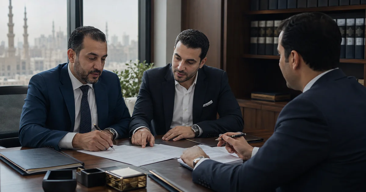 محامٍ وشريكان يراجعون عقد التنازل عن الحصص في الشركة ذات المسؤولية المحدودة