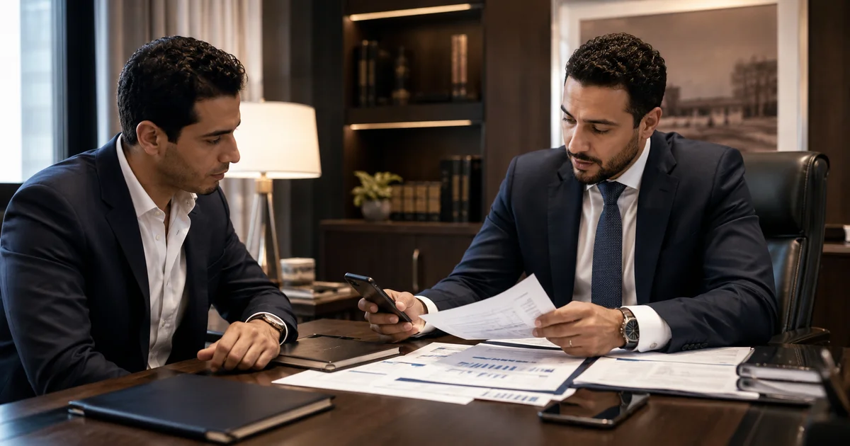 محامٍ يراجع مع مستثمر مستندات شكوى عن توصيات الأسهم الوهمية