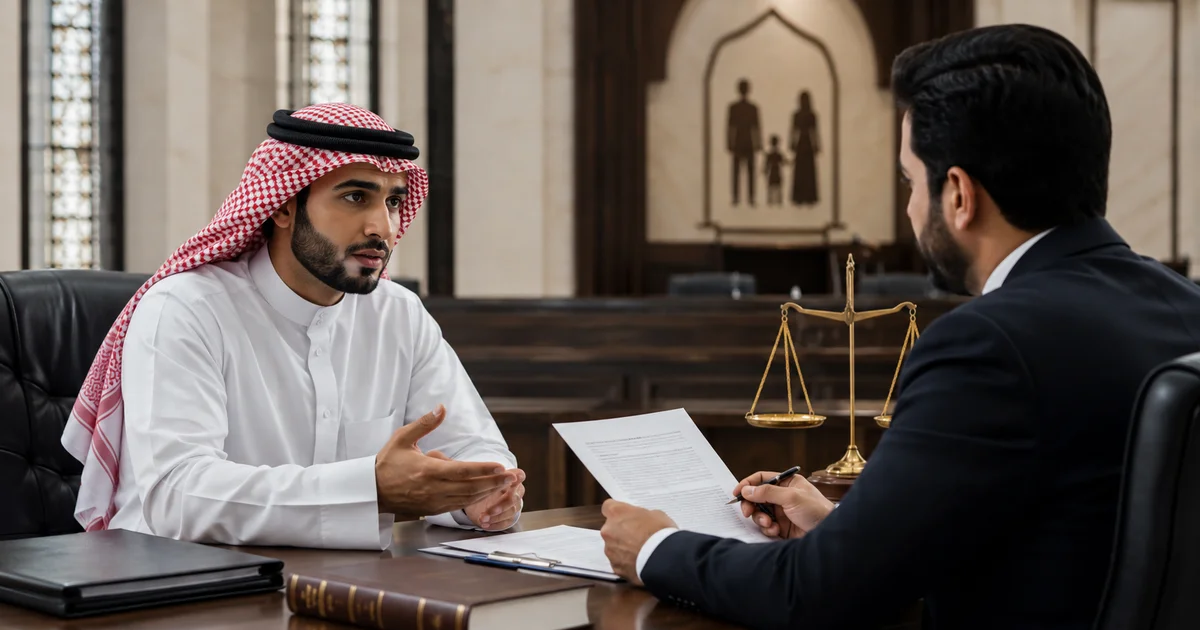 زوج يناقش مع محامٍ مستندات ودفوع دعوى الخلع قبل عرضها على محكمة الأسرة