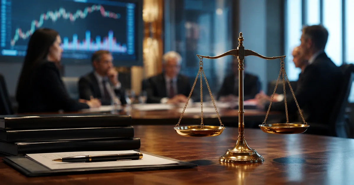 ميزان العدالة أمام اجتماع مجلس إدارة شركة مقيدة تعبيرًا عن المسؤولية القانونية لأعضاء المجلس.